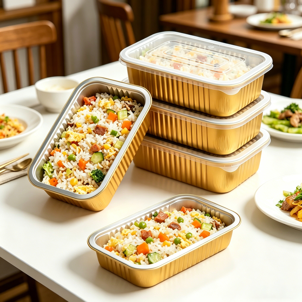 Premium Gold Oblong Aluminum Foil Containers with Custom Lids for Food Service